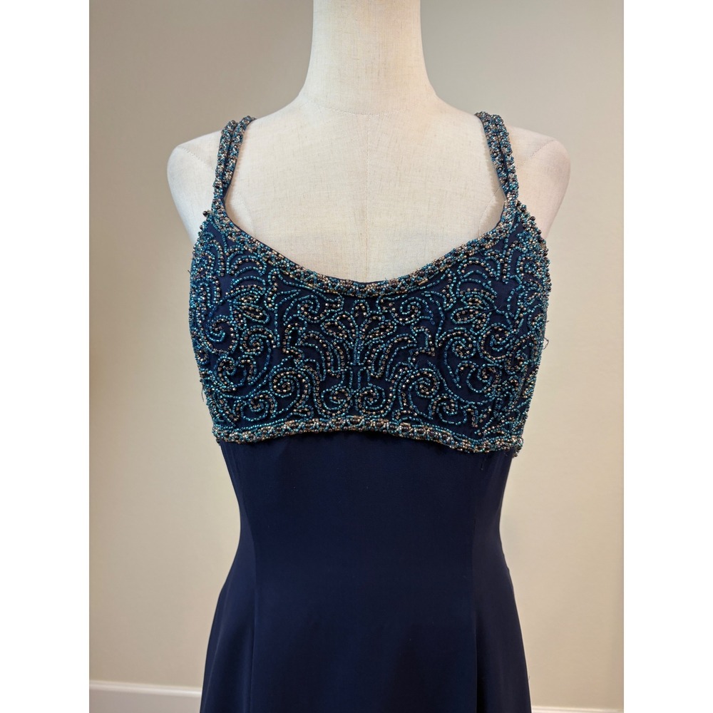 Vtg Fleur De Lis Silk Maxi Dress 12 Navy Blue Beaded Formal Gown Whimsy Ethereal - Picture 2 of 10